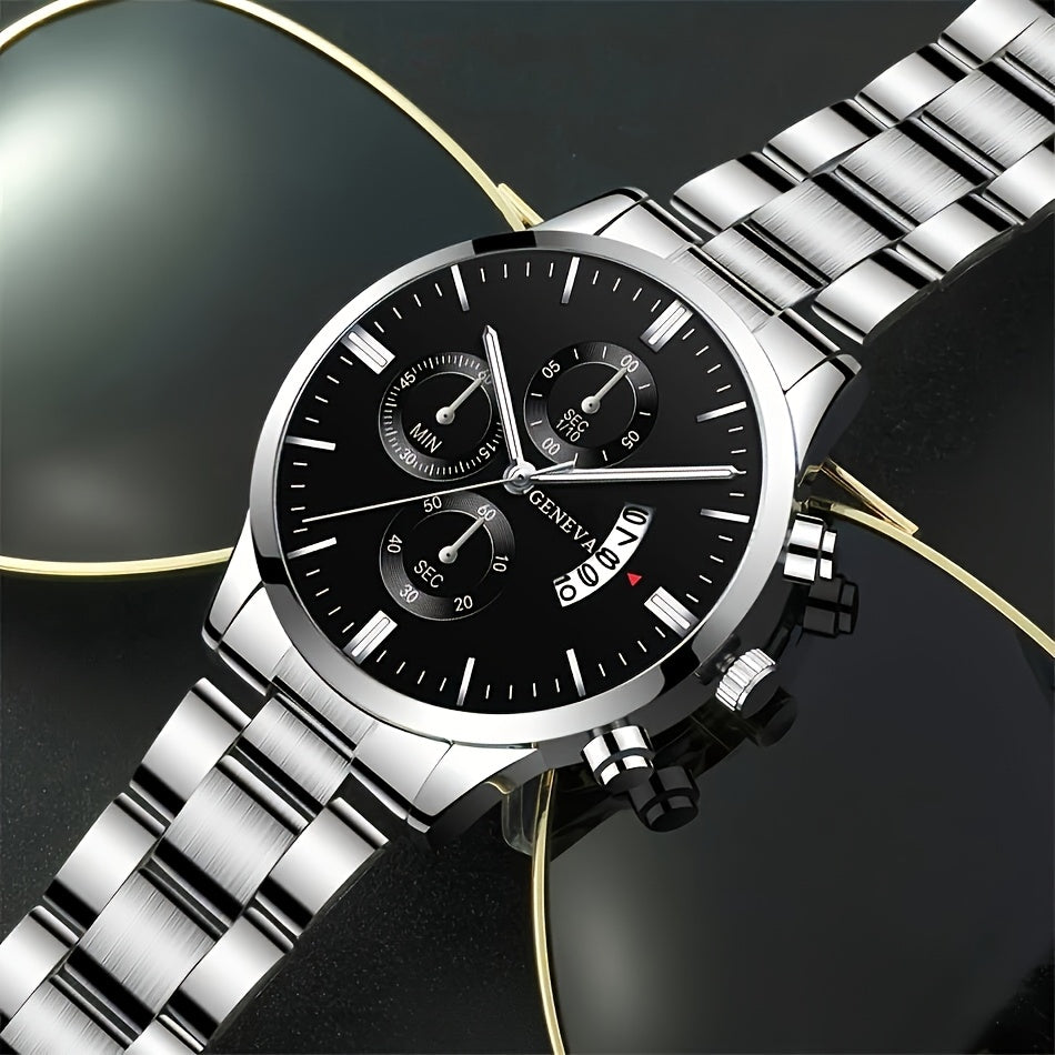 A Set of Two Men'S Watches, a Casual Round Quartz Watch Paired with a Bracelet, Perfect As a Holiday Gift for Friends And Family for Occasions Like Valentine'S Day, New Year, Ramadan, And Father'S Day.