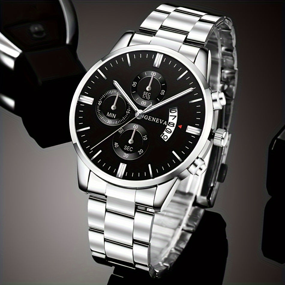 A Set of Two Men'S Watches, a Casual Round Quartz Watch Paired with a Bracelet, Perfect As a Holiday Gift for Friends And Family for Occasions Like Valentine'S Day, New Year, Ramadan, And Father'S Day.