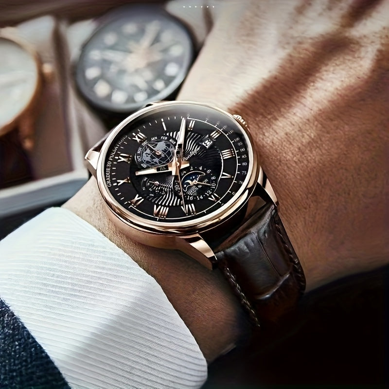 New Arrival of PoEDAGAR Men'S Waterproof Luminous Calendar Quartz Watch - Stylish Rose Golden with Black Faux Leather Strap, Durable Alloy Case, and Elegant Blue & White Design - Ideal for Students and Youngsters, Watch Acces