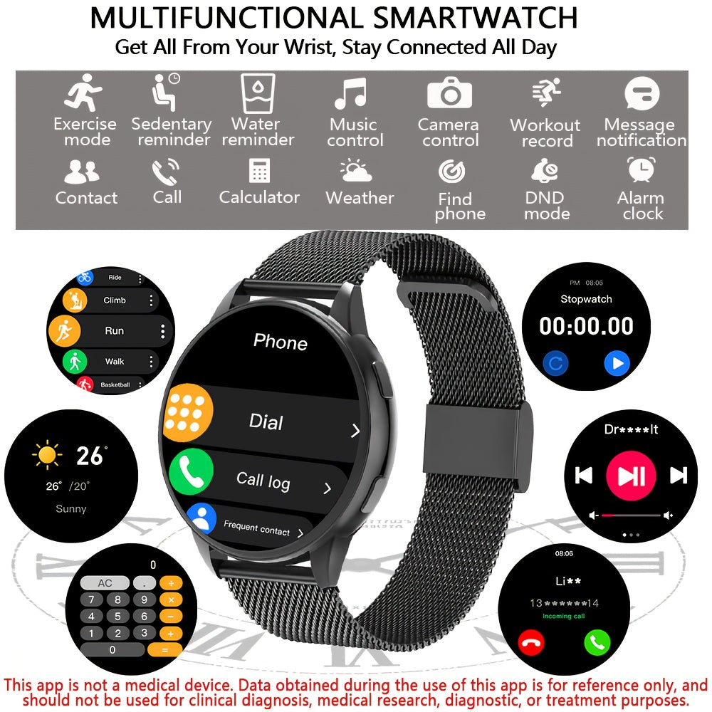 ERUN Smart Watch 5143.5 - 3.81cm Round Screen, Multi-Dial Selection, Sports Mode, Call/Message Reminders, Weather Sync, Business & Casual Style, Rechargeable Battery, Perfect Gift for Men & Women, Christmas & Birthday, Smart