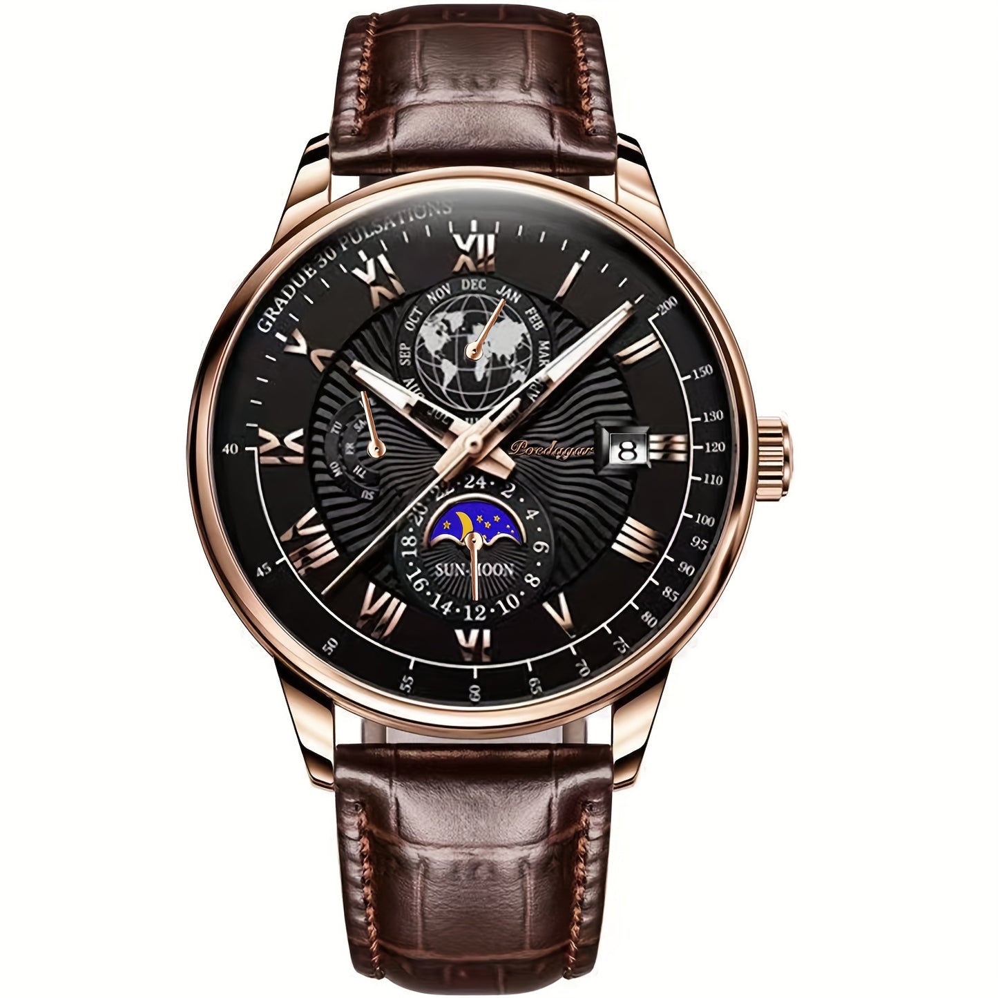New Arrival of PoEDAGAR Men'S Waterproof Luminous Calendar Quartz Watch - Stylish Rose Golden with Black Faux Leather Strap, Durable Alloy Case, and Elegant Blue & White Design - Ideal for Students and Youngsters, Watch Acces