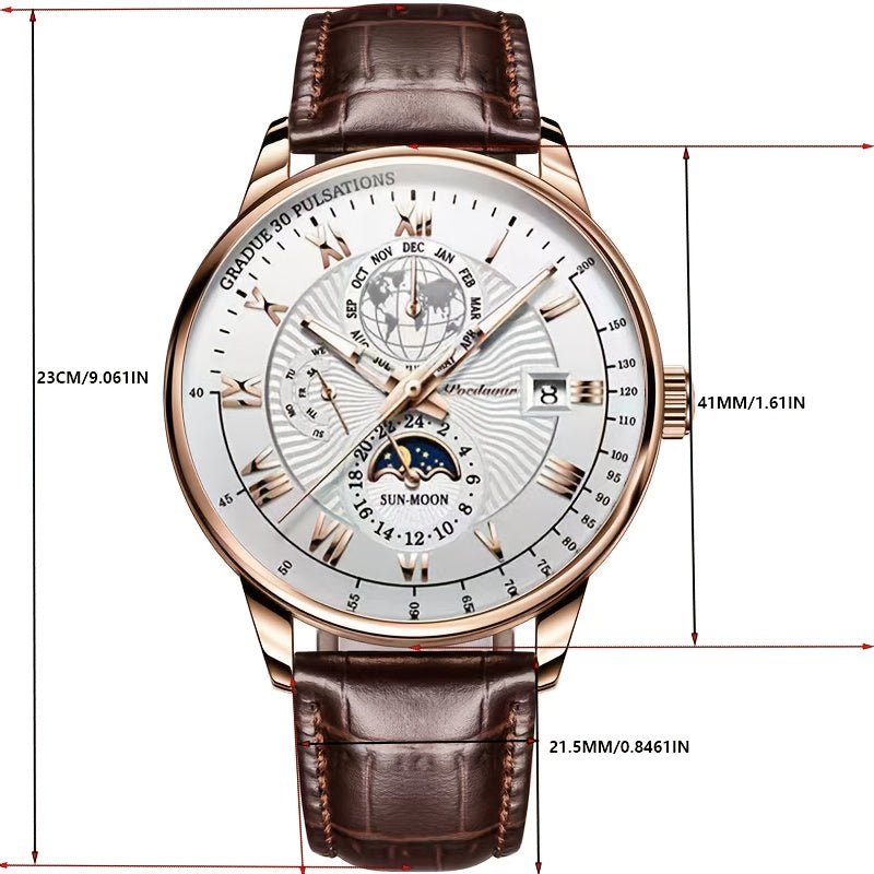 New Arrival of PoEDAGAR Men'S Waterproof Luminous Calendar Quartz Watch - Stylish Rose Golden with Black Faux Leather Strap, Durable Alloy Case, and Elegant Blue & White Design - Ideal for Students and Youngsters, Watch Acces