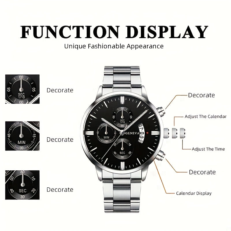 A Set of Two Men'S Watches, a Casual Round Quartz Watch Paired with a Bracelet, Perfect As a Holiday Gift for Friends And Family for Occasions Like Valentine'S Day, New Year, Ramadan, And Father'S Day.