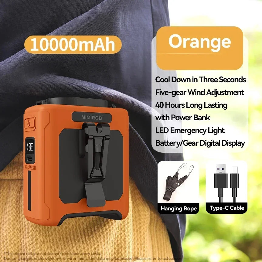 Portable Waist Fan 10000mAh with Power Bank LED Lighting Hanging Neck Fan 5 Speed Strong Airflow Cooling Fan for Outdoor Working