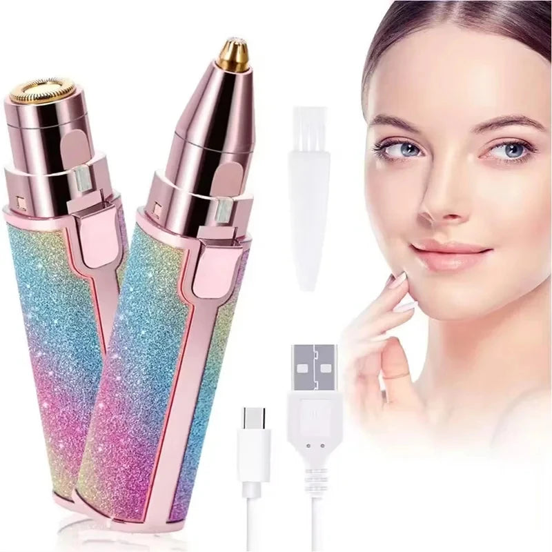 2 In1 Rechargeable Facial Hair Removal and Eyebrow Shaver - Face Lips Body Painless Facial Razor with Built-in LED Light USB