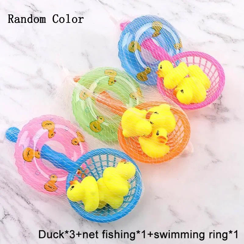5Pcs/set Kids Floating Bath Toys Mini Swimming Rings Rubber Yellow Ducks Fishing Net Washing Swimming Toys Water Fun pool toys