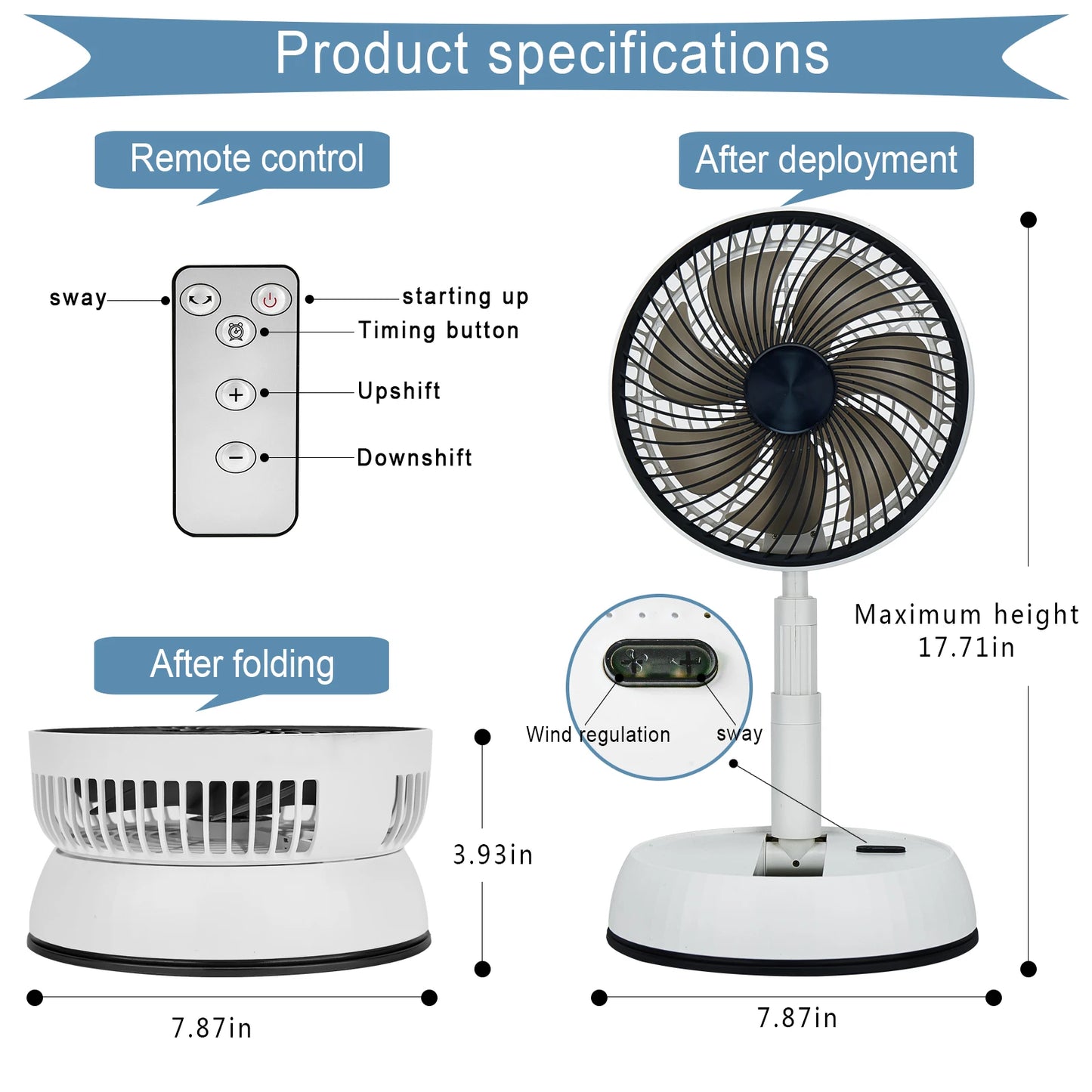 Portable Folding Fan 6000mAh USB Remote Control Air Cooler Silent Rechargeable Wireless Floor Standing Fan For Outdoor Home