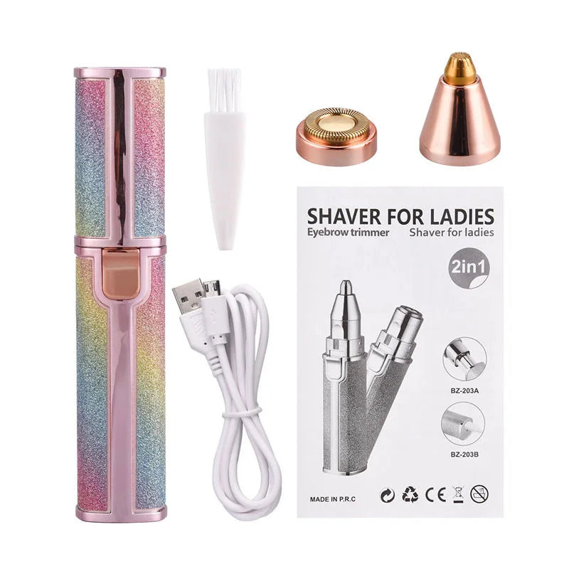 2 In1 Rechargeable Facial Hair Removal and Eyebrow Shaver - Face Lips Body Painless Facial Razor with Built-in LED Light USB
