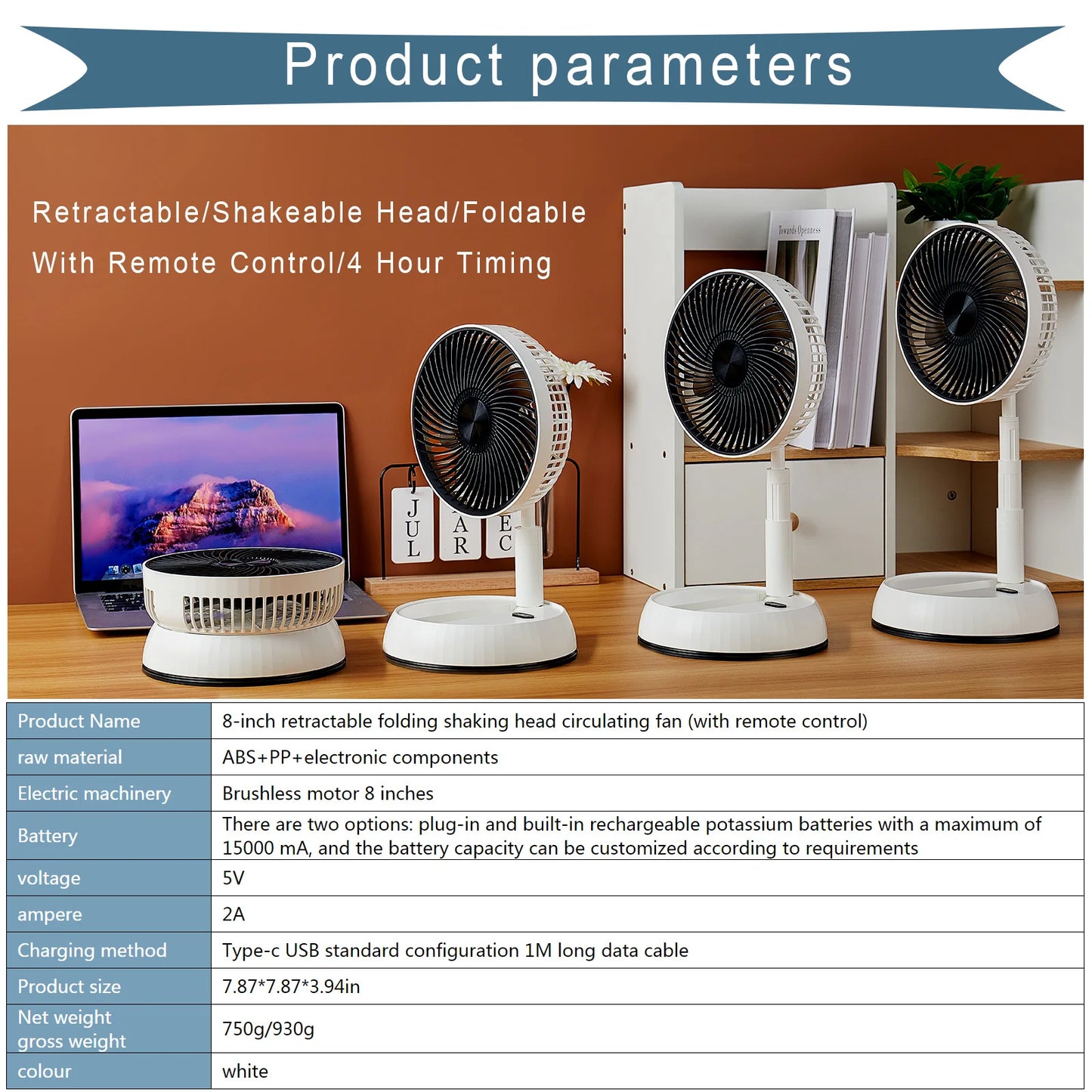 Portable Folding Fan 6000mAh USB Remote Control Air Cooler Silent Rechargeable Wireless Floor Standing Fan For Outdoor Home