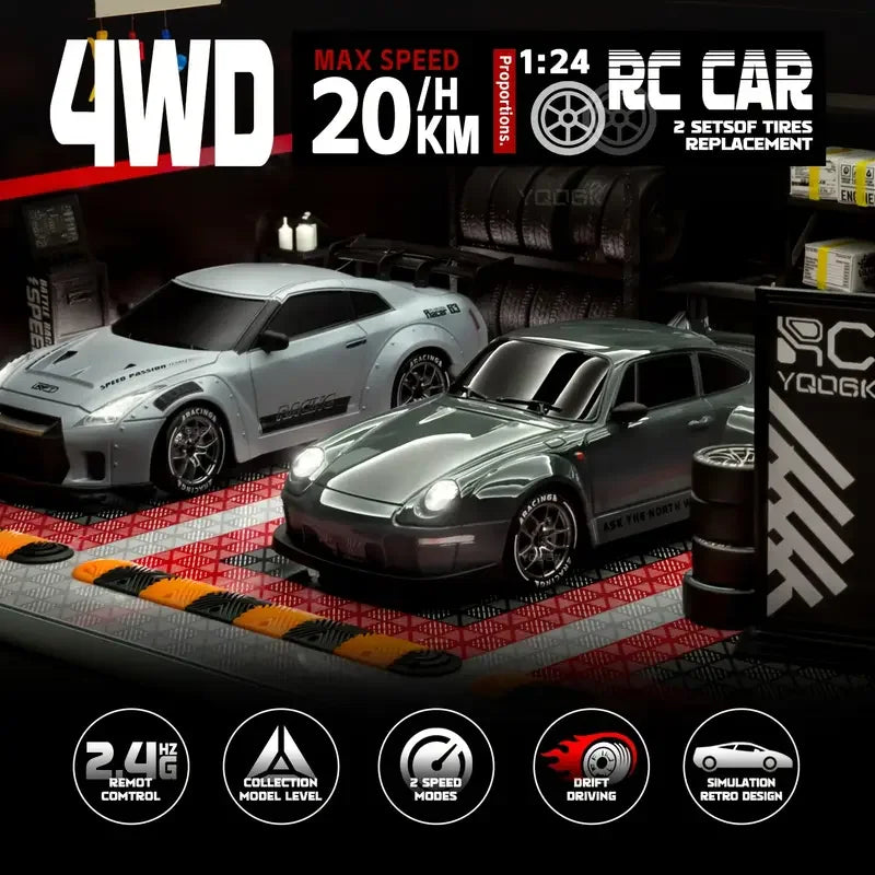 RC Drift Car 1:24 Remote Control Car 20KM/H 4WD High Speed RC Cars 2.4GHz with LED Lights Extra Drifting Tires Vehicle for Adult