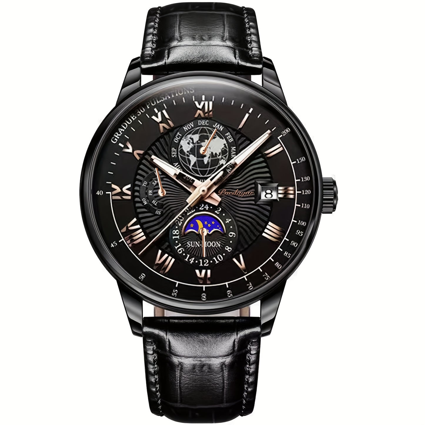 New Arrival of PoEDAGAR Men'S Waterproof Luminous Calendar Quartz Watch - Stylish Rose Golden with Black Faux Leather Strap, Durable Alloy Case, and Elegant Blue & White Design - Ideal for Students and Youngsters, Watch Acces