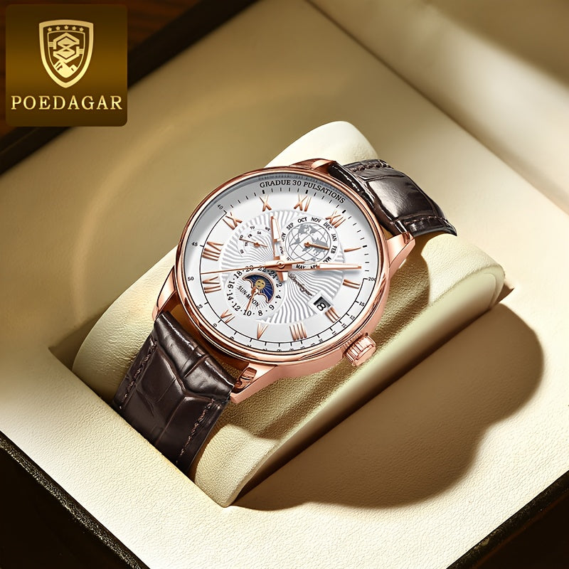 New Arrival of PoEDAGAR Men'S Waterproof Luminous Calendar Quartz Watch - Stylish Rose Golden with Black Faux Leather Strap, Durable Alloy Case, and Elegant Blue & White Design - Ideal for Students and Youngsters, Watch Acces