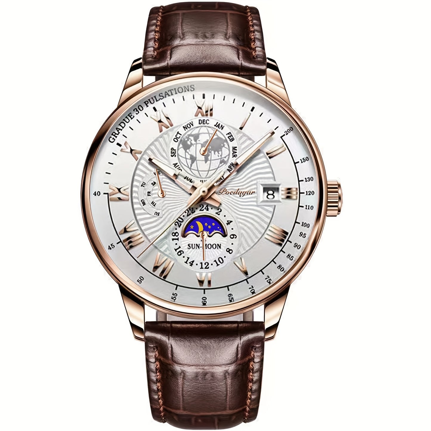 New Arrival of PoEDAGAR Men'S Waterproof Luminous Calendar Quartz Watch - Stylish Rose Golden with Black Faux Leather Strap, Durable Alloy Case, and Elegant Blue & White Design - Ideal for Students and Youngsters, Watch Acces