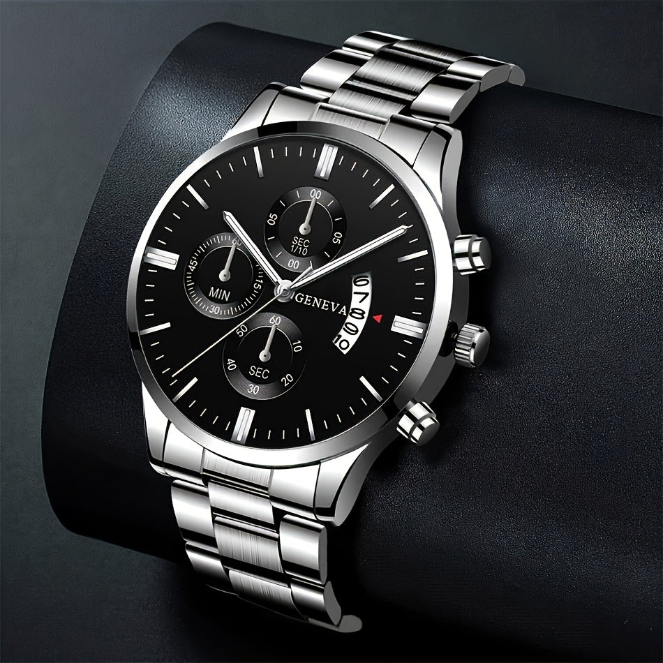 A Set of Two Men'S Watches, a Casual Round Quartz Watch Paired with a Bracelet, Perfect As a Holiday Gift for Friends And Family for Occasions Like Valentine'S Day, New Year, Ramadan, And Father'S Day.