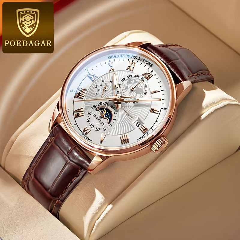 New Arrival of PoEDAGAR Men'S Waterproof Luminous Calendar Quartz Watch - Stylish Rose Golden with Black Faux Leather Strap, Durable Alloy Case, and Elegant Blue & White Design - Ideal for Students and Youngsters, Watch Acces