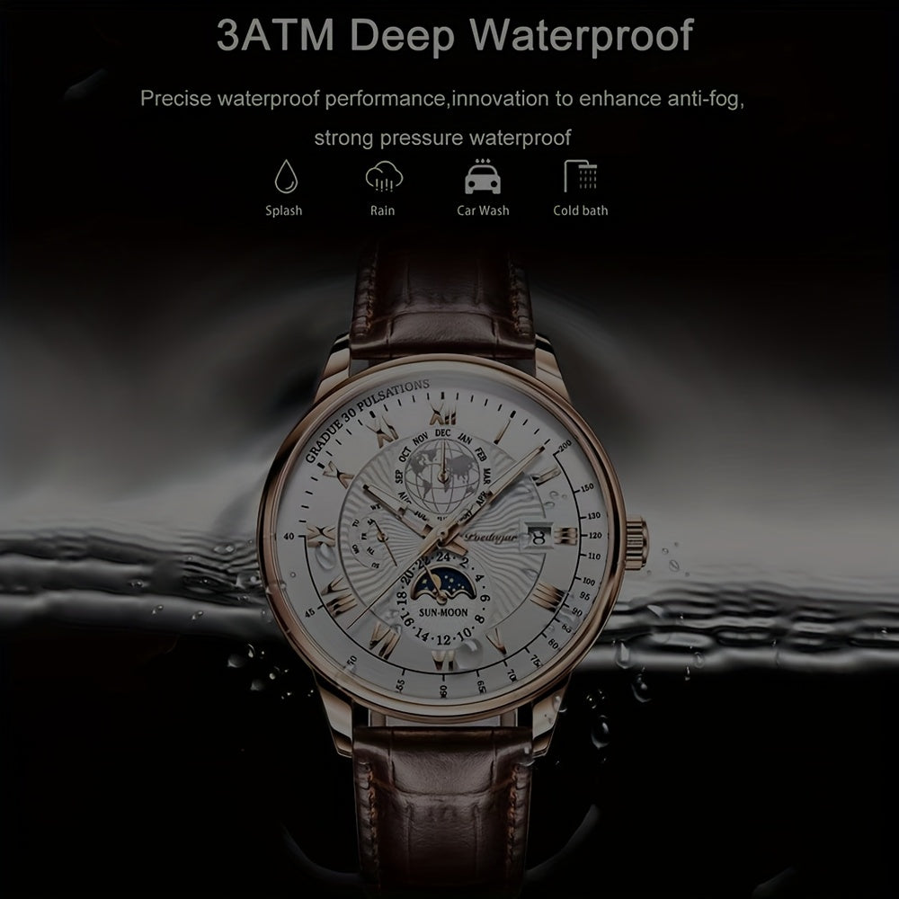 New Arrival of PoEDAGAR Men'S Waterproof Luminous Calendar Quartz Watch - Stylish Rose Golden with Black Faux Leather Strap, Durable Alloy Case, and Elegant Blue & White Design - Ideal for Students and Youngsters, Watch Acces