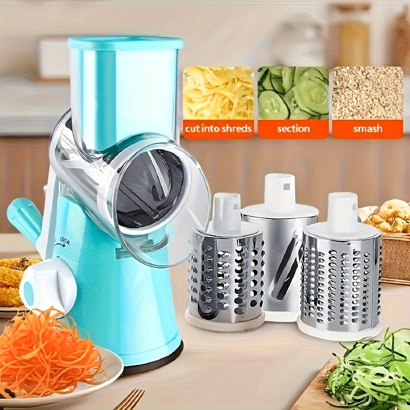 3-in-1 Stainless Steel Manual Slicer, Grater & Dicer - Heavy-Duty Stainless Steel with Drum Blades for Shredding, Dicing, Shredding Vegetables, Fruits, Nuts - Space-Saving Kitchen Gadget for Home Cooks & Professional Chefs, C