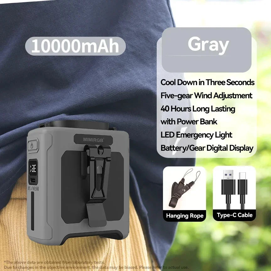 Portable Waist Fan 10000mAh with Power Bank LED Lighting Hanging Neck Fan 5 Speed Strong Airflow Cooling Fan for Outdoor Working
