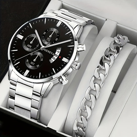 A Set of Two Men'S Watches, a Casual Round Quartz Watch Paired with a Bracelet, Perfect As a Holiday Gift for Friends And Family for Occasions Like Valentine'S Day, New Year, Ramadan, And Father'S Day.