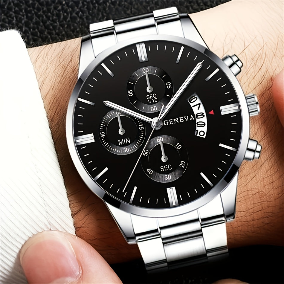A Set of Two Men'S Watches, a Casual Round Quartz Watch Paired with a Bracelet, Perfect As a Holiday Gift for Friends And Family for Occasions Like Valentine'S Day, New Year, Ramadan, And Father'S Day.