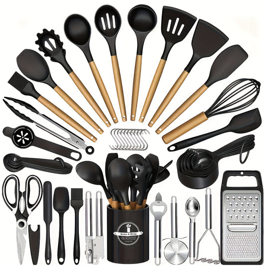 44pcs Silicone Kitchen Utensil Set with Non-Stick Wooden Handles - Easy Cooking & Baking Tools, Perfect for Holidays (Christmas, Valentine'S Day, St. Patrick'S Day, Graduation, Ramadan), Includes Spatulas, Whisks, Spoons, Ton